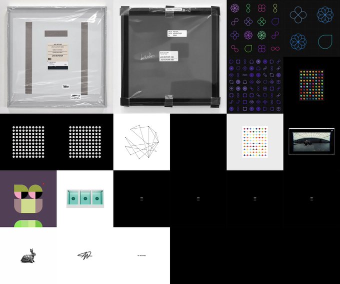 Collage of various art pieces and digital designs including packaged framed artworks, geometric patterns, dot matrices, a constellation drawing, and abstract graphics.