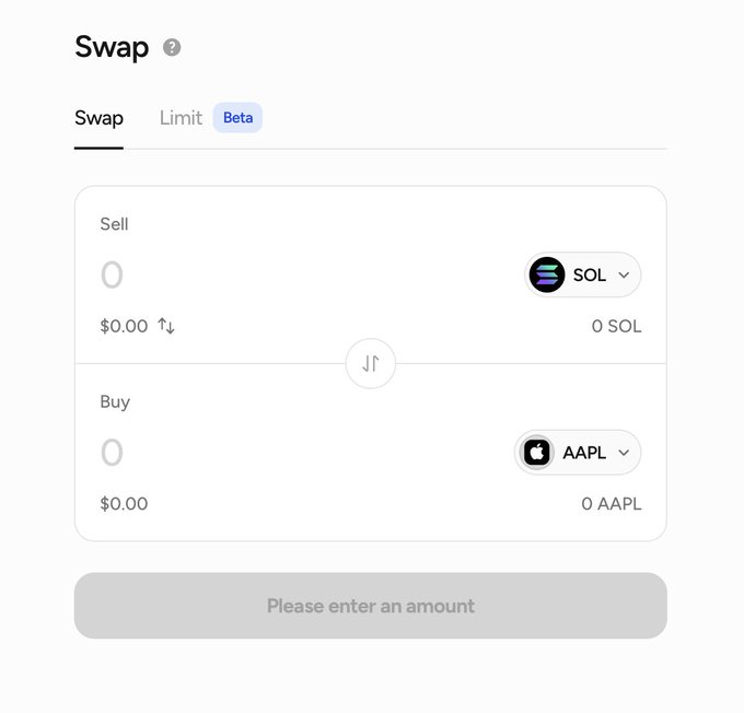 A 'Swap' interface showing the ability to exchange SOL for AAPL, with empty input fields and a 'Please enter an amount' button.