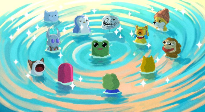 An illustration of various cute characters, memes, and cats swimming in a sparkling blue rippling pool of water.