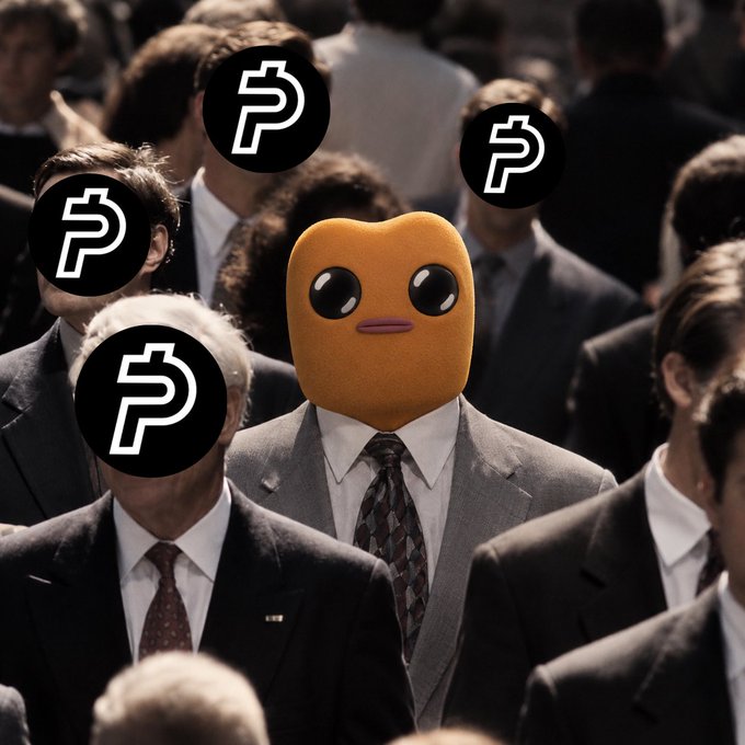 A surreal image of businessmen in suits walking in a crowd, with one central figure's face replaced by an orange Pudgy Penguins-style character, surrounded by floating PyUSD (PayPal) logos.