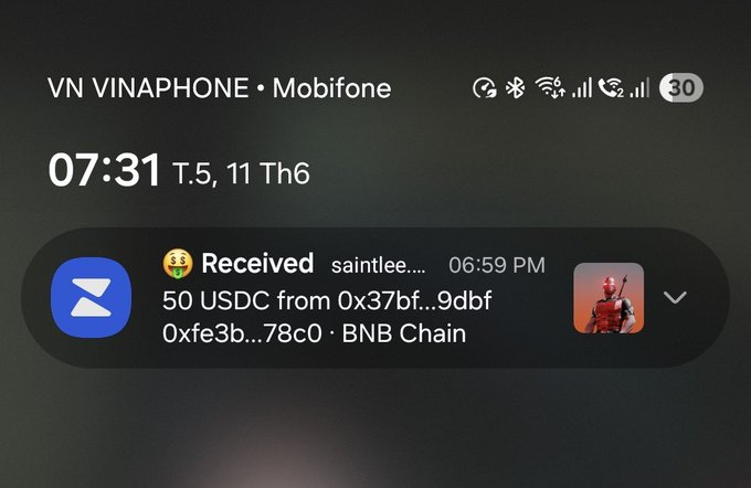 The image shows a phone screen with an email notification from VINAPHONE, a company that makes smartphones. The message reads "Received saintee ... 08:59 PM". This means that someone has sent the message at 8:59 PM their time.