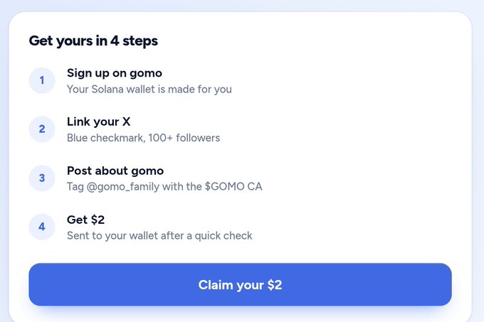 Instructional graphic titled 'Get yours in 4 steps' for claiming $2 from gomo, with steps to sign up, link X, post about gomo, and claim.
