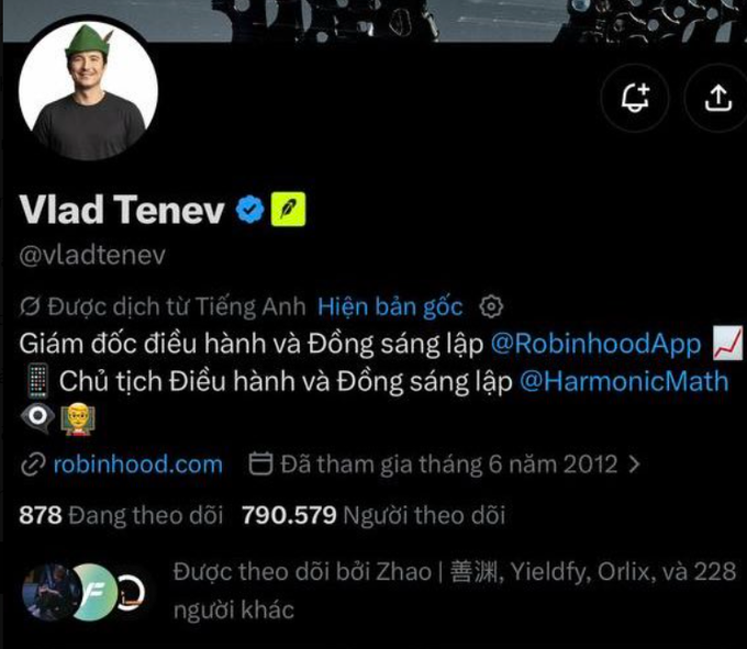 This image shows a screenshot of the X (formerly Twitter) profile of Vlad Tenev, Co-founder and CEO of Robinhood, featuring his profile picture, handle @vladtenev, and follower count of 790,579. The image serves as visual evidence of the profile being hijacked to promote a meme coin, illustrating the context of the accompanying text regarding the market manipulation incident.