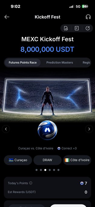 A MEXC Kickoff Fest promo screen highlights an 8,000,000 USDT prize pool with a daily 200,000 USDT reward, featuring a football prediction matchup between Curaçao and Côte d'Ivoire. The image reinforces the post's emphasis on the event's daily reset and 0-fee rewards, presenting the Curacao vs. Côte d'Ivoire prediction market as a fresh chance each day.