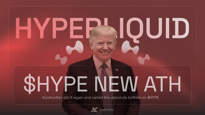 This image shows Donald Trump with "HYPERLIQUID" and "$HYPE NEW ATH" displayed prominently, relating to the accompanying post "$hype ath." The text below indicates "KookLetter" successfully predicted the "absolute bottom on $HYPE."