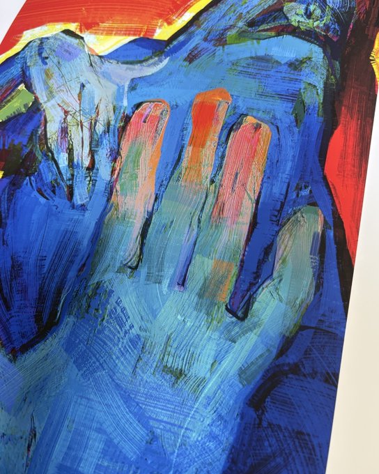 A vibrant, abstract close-up of a painted hand rendered in bold blues, reds, and greens, showcasing the expressive brushwork and rich color saturation that the "Heatwave" archival pigment inkjet prints aim to preserve for collectors.