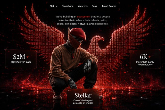 A masked figure crouches beneath angelic digital wings on the Sl8 platform homepage, which highlights "$2M+ Revenue for 2025," "6K+ token holders," and the "Stellar" project. The image visually represents the Sl8 staking ecosystem referenced in the post, which compares the identical USDC and SSLX staking tiers (9.5% APR/90 days, 14.5%/180 days, 19%/360 days).