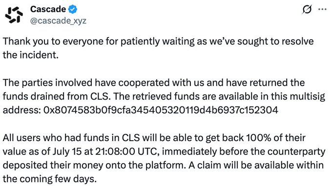 A tweet from verified account @cascade.xyz announcing that funds drained from CLS have been recovered and returned to a multisig address (0x8074583b0f9cfa345405320119d4b6937c152304), with users able to claim 100% of their value as of July 15 at 21:08 UTC, relating to the post's update on the Cascade theft resolution and negotiated recovery.