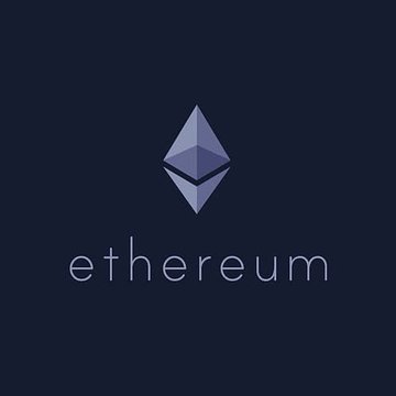 The Ethereum cryptocurrency logo, featuring a geometric diamond-like shape, is displayed in light blue against a dark navy background.