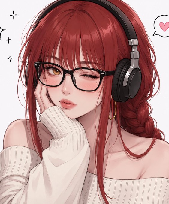 An anime-style illustration of a red-haired girl with glasses, headphones, and a winking expression, paired with a speech bubble containing a pink heart, matching the post's cheerful "GM to those who love NFTs" greeting.