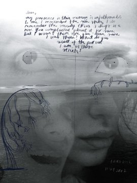 The image features a page of black and white drawings that include a woman's face with drawn eyes and facial hair like a beard or goatee, as well as a line drawing of a tree branch over her face. The text on this image is about writing a letter to someone or something for them.