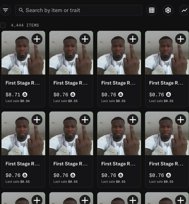 A marketplace interface displays 4,444 items all titled "First Stage R..." with varying prices (one priced at $8.71, the rest at $0.76, last sale $0.55), each using the same image of a man raising his middle finger—capturing the frustrated reaction to finding an absurdly overpriced item among many identical cheap listings.