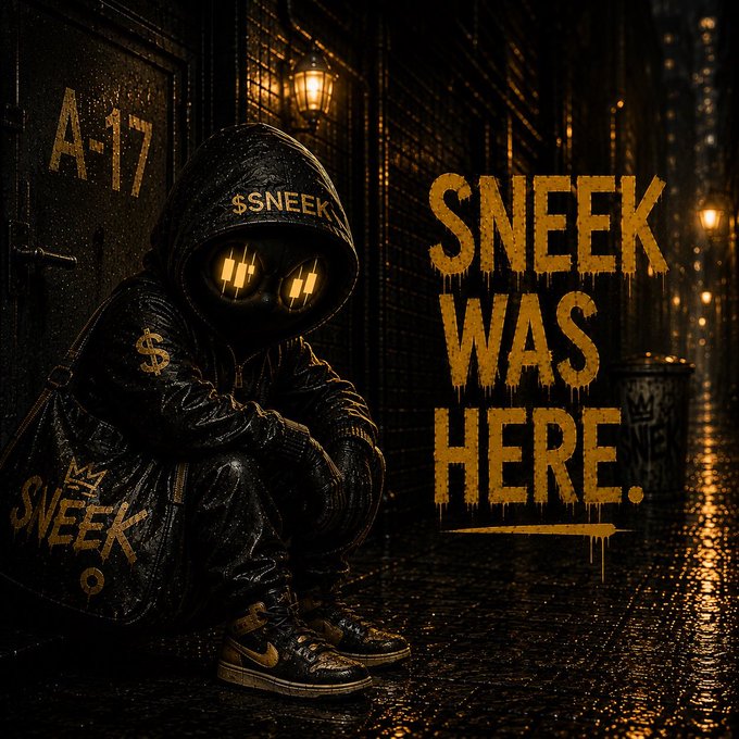 A stylized dark graphic shows a hooded figure with glowing eyes wearing a jacket and bag branded with '$SNEEK', accompanied by large yellow text reading 'SNEEK WAS HERE.'