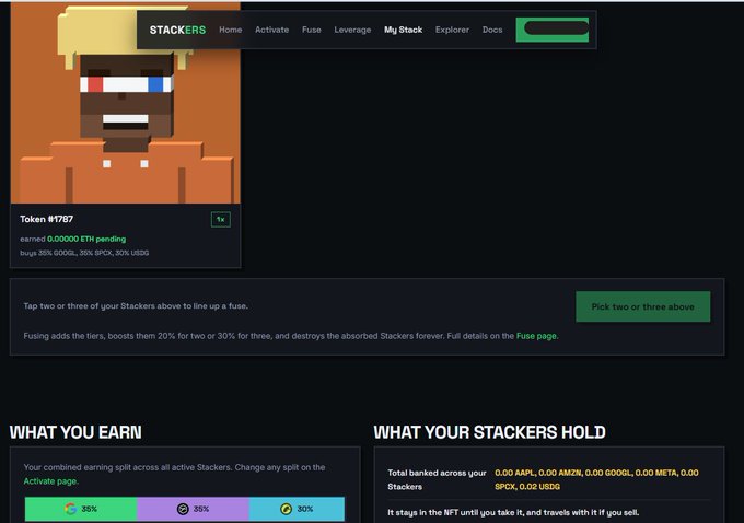 A screenshot of the STACKERS website shows a pixelated orange character NFT interface displaying 'Token #1787', 'earned 0.00000 ETH pending', with sections for 'WHAT YOU EARN' (30/30/30 split across green, purple, and cyan) and 'WHAT YOUR STACKERS HOLD'.