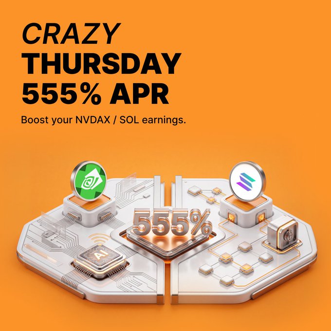The promotional graphic for a "CRAZY THURSDAY" event features bold black text on an orange background advertising a "555% APR" to "Boost your NVDAX / SOL earnings." It displays a 3D circuit board design showcasing NVDAX and SOL token logos alongside a "555%" centerpiece, though notably the image's crypto tickers (NVDAX/SOL) don't match the AMZNX/AAVE tokens mentioned in the accompanying post text.