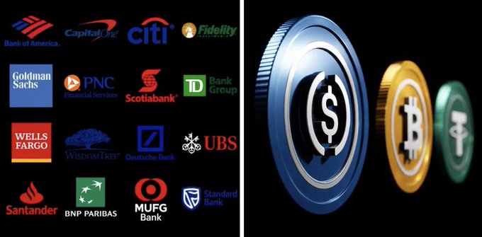 A split image showing various traditional banking logos on the left (Bank of America, Citi, Fidelity, Goldman Sachs, Wells Fargo, UBS, etc.) and three coins on the right representing the US Dollar, Bitcoin, and Tether cryptocurrencies.