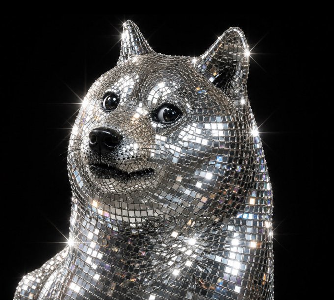 The image features a silver dog sculpture with a diamond-like pattern, giving it a shiny appearance. The caption of the image reads "$DOGE is Diamond", which is likely related to the artist's name or the title of their work.