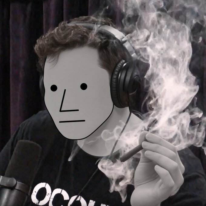 A 3D-rendered character with a featureless white face wearing black headphones and smoking a cigar producing smoke, sitting in front of a microphone with a curtain background.
