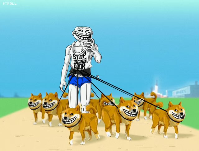 A muscular trollface meme character wearing a "STOP BEING POOR" tank top leads a pack of grinning Shiba Inu (Doge) dogs on leashes, humorously suggesting that holding $TROLL will turn investors from "poor" into wealthy dog-pack leaders. The image ties into the price prediction question by implying that $TROLL holders will soon "stop being poor" and command a pack of Doge-themed wealth.