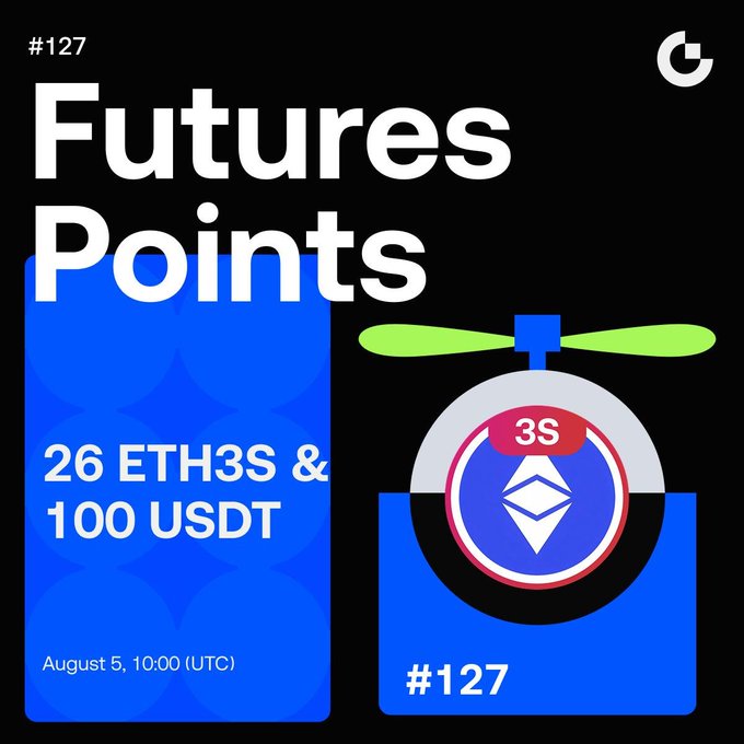 The image is a promotional graphic for Gate.io's Futures Points Airdrop Phase #127, featuring bold "Futures Points" text on a black background with a blue card design. It highlights the reward details of "26 ETH3S & 100 USDT" and the claim start time of "August 5, 10:00 (UTC)," alongside a propeller-topped icon displaying the ETH3S token. A Gate.io logo appears in the top-right corner, tying the visual to the accompanying airdrop announcement.