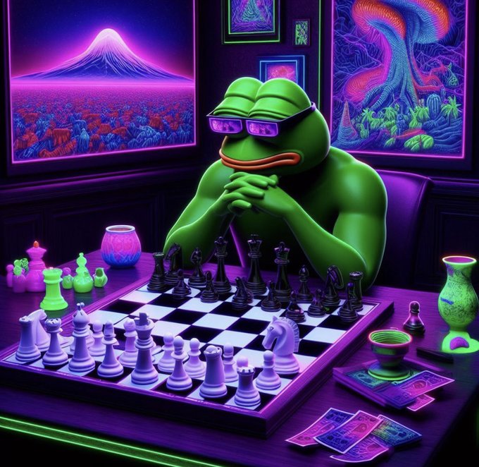 A stylized, neon-lit illustration of Pepe the Frog wearing sunglasses, sitting thoughtfully at a chessboard with neon purple and green chess pieces in a vibrant, synthwave-inspired room.