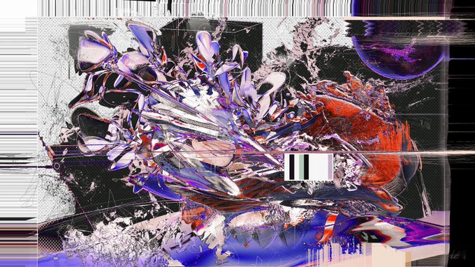 An abstract digital artwork featuring chaotic, glitchy elements with purple and orange hues, distorted shapes, and a metallic orb, all set against a textured background with digital artifacts.