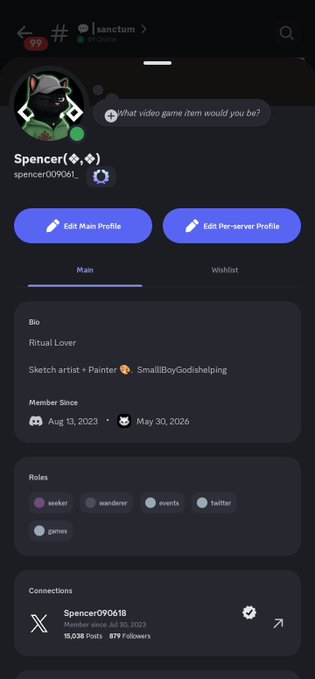 A Discord profile screenshot for user 'Spencer' (spencer090961) on the sanctum server, with bio 'Ritual Lover', 'Sketch artist + Painter', member since Aug 13, 2023, with roles in seeker, mevdev, events, twitter, and games.