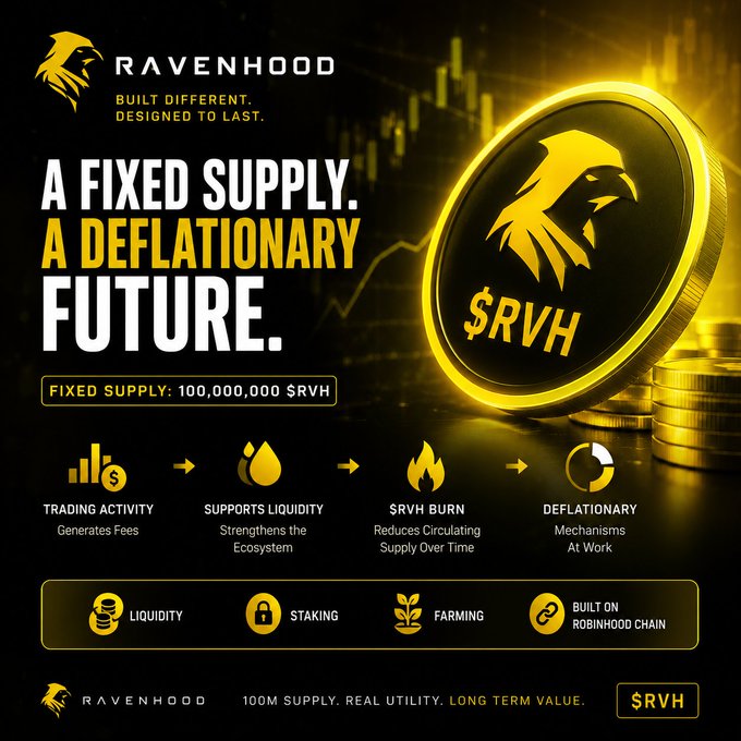 A promotional graphic for 'RAVENHOOD' cryptocurrency ($RVH) featuring 'A FIXED SUPPLY. A DEFLATIONARY FUTURE.' with 100,000,000 $RVH tokens and features like liquidity, staking, and farming.