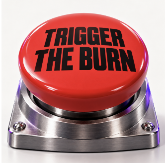 A large red push button on a metallic base with the text 'TRIGGER THE BURN' printed in bold black letters across it.