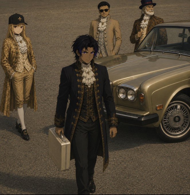 The image features a group of people dressed up, with one person wearing a suit and tie holding a briefcase. The scene takes place outdoors, possibly at an event or gathering. A car can be seen parked nearby, adding context to the setting. The caption reads "New week but we stay on the task. The hot emin trials are almost here. Let's get down to the business of the day." This suggests that they might be discussing work-related matters or planning an event related to their jobs.