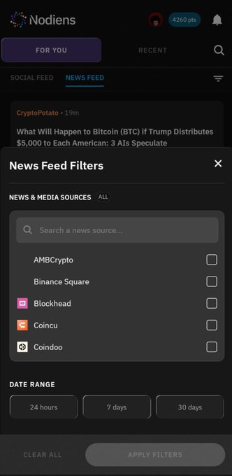 A screenshot of the 'Nodiens' app showing a 'News Feed Filters' overlay with options for news sources including AMBCrypto, Binance Square, Blockhead, Coincu, and Coindoo, along with date range filters.