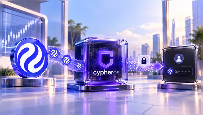 A promotional 3D render displays the cypherOS cryptocurrency ecosystem, showing purple-themed branding connecting a logo to a central cube and a locked device interface.