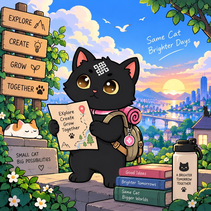 A cartoon illustration of a black cat with a backpack holding a map reading 'Explore Create Grow Together', set against a sunset cityscape with wooden signs reading 'EXPLORE', 'CREATE', 'GROW', 'TOGETHER', 'Same Cat Brighter Days', 'SMALL CAT BIG POSSIBILITIES', and books titled 'Good Ideas', 'Brighter Tomorrows', and 'Same Cat Bigger Worlds'.