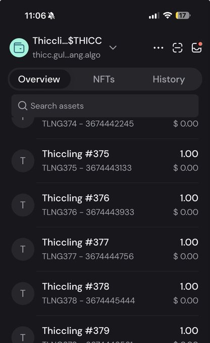 A mobile phone screenshot showing a crypto wallet app displaying a list of 'Thiccling' NFTs (numbered #374-#379) on the algorand blockchain, with each asset showing a value of $0.00.