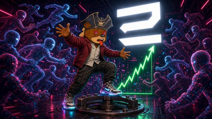 A pirate-themed dog avatar stands triumphantly atop a gear platform, surrounded by translucent holographic crowd figures, with a glowing green upward-trending chart and the number "3" displayed prominently — visually reinforcing the post's point that real settled fills (the green line) matter more than a crowded but empty clan page (the holographic bystanders).