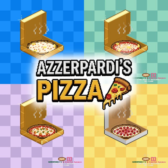 The image features a poster for Azzerpardi's Pizza, which includes four different pizzas placed inside pizza boxes against a blue and yellow checkered background. The text "Azzerpardi's Pizza" is prominently displayed at the top of the poster in white letters. Below this, there are three additional descriptions of the pizzas: one with pepperoni toppings, another with sausage toppings, and the third with mushrooms as a topping. The post also mentions that the Azzerpardi's Pizza digitaldynamix.co.uk website has NFTs available for purchase.