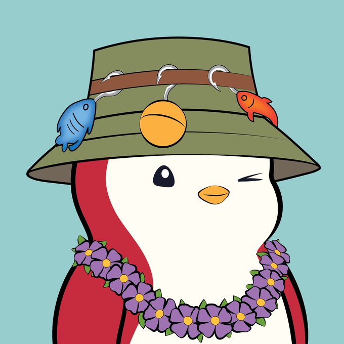 A cartoon illustration of a white penguin character wearing a green fishing hat decorated with fish bait/lures and an orange float, accessorized with a purple flower lei against a teal background.