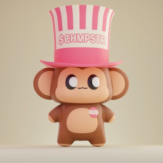 A 3D rendered character is a small brown monkey wearing a tall pink and white striped top hat with the text '$CHMPSTR' on the band, and a small badge on its chest.