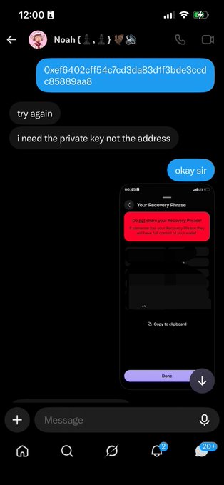 A screenshot of an Instagram DM exchange where someone initially sent a wallet address before being corrected to send a private key, accompanied by an image of a fake crypto "Recovery Phrase" page. This relates to the post's warning about scammers requesting sensitive wallet credentials like private keys and seed phrases under the guise of giveaways—classic phishing tactics that legitimate crypto projects never require.