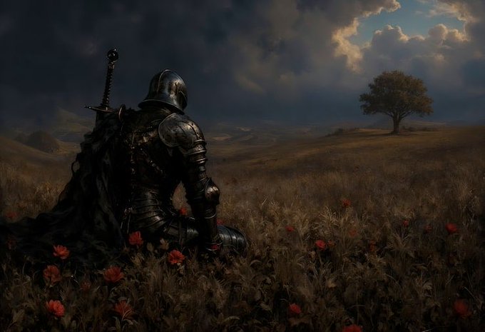A lone knight in dark, weathered armor sits in a vast field of tall grass and scattered red poppies, gazing toward a solitary tree on the horizon beneath a dramatic, cloud-filled sky. The image evokes solitude and contemplation—fitting for a post inviting winners to choose their reward, much like the knight reflecting on the path ahead.