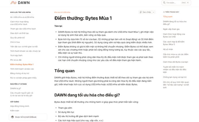 This image shows a webpage from DAWN's documentation about "Điểm thưởng: Bytes Mùa 1" (Bonus Points: Bytes Season 1), detailing how DAWN Bytes are earned through operating validators in Vault Mùa 1, with categories like stability, performance, and governance voting participation.

**Relation to the post:** The post critiques DAWN's upcoming Bytes Season 1 campaign by expressing concern that the bonus points validators have accumulated over two years of node operation may become worthless or only redeemable at minimal value during the Token Generation Event (TGE). The documentation page shown supports these concerns by explaining the complicated new system for converting uptime and activity into Bytes, suggesting a reset that devalues past contributions—exactly what the post warns about.