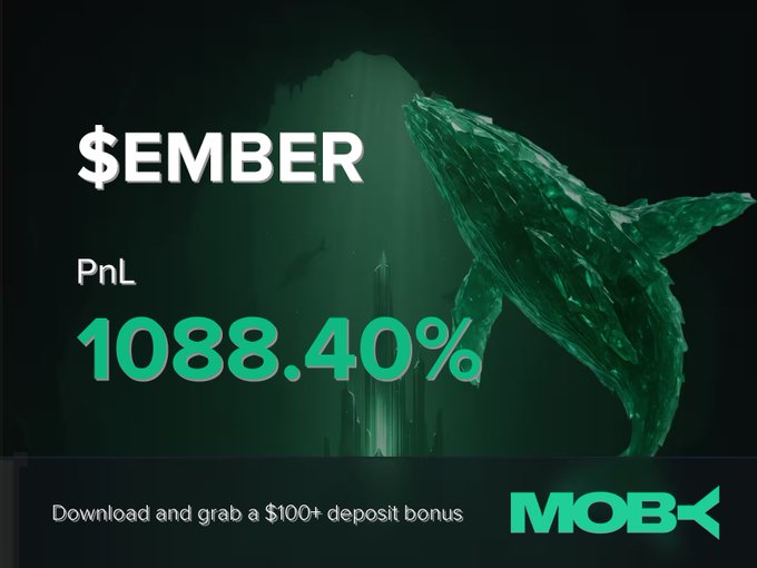 A promotional image showcasing a $EMBER trade on Moby Mobile, highlighting an impressive PnL of +1088.40% alongside a green whale graphic and a "$100+ deposit bonus" call-to-action for downloading the app.
