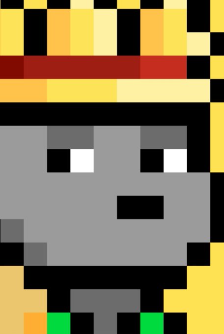 A low-resolution pixel art image depicting a gray face wearing a yellow and red striped hat, rendered in a style reminiscent of Minecraft.