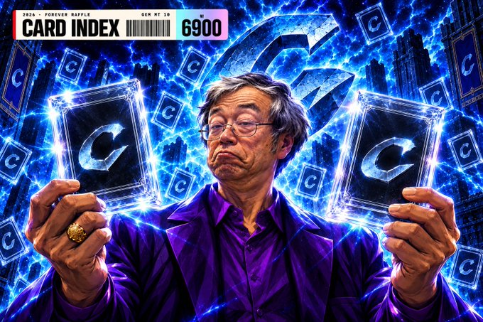 A digital artwork resembling a trading card shows an older man in a purple jacket holding two glowing blue cards with a 'C' logo, with text reading 'CARD INDEX 6900', '2024 FOREVER RAFFLE', and 'GEN MT 10' against a backdrop of more 'C' logos.