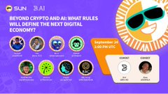 The image is a promotional graphic for a Sun SG1 livestream titled "Beyond Crypto and AI: What Rules Will Define the Next Digital Economy?", scheduled for September 28 at 1:30 PM UTC, featuring a panel of speakers with circular headshots. A large smiling sun wearing sunglasses and a peace sign dominates the right side, reinforcing the Sun Network's branding. The post's focus on governance in decentralized AI (DeAI) aligns with the event's theme of defining the regulatory and ethical framework for an autonomous, AI-driven digital economy.