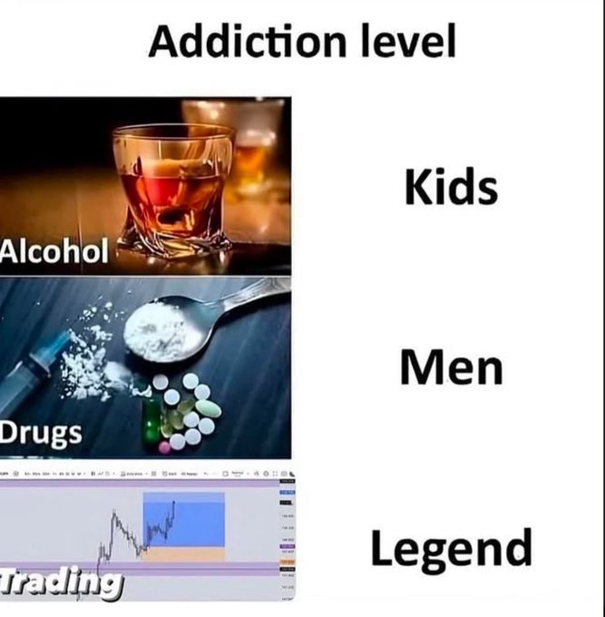 A meme titled 'Addiction level' comparing 'Kids' (Alcohol), 'Men' (Drugs), and 'Legend' (Trading), illustrated with images of a drink, drugs with a syringe, and a financial trading chart.