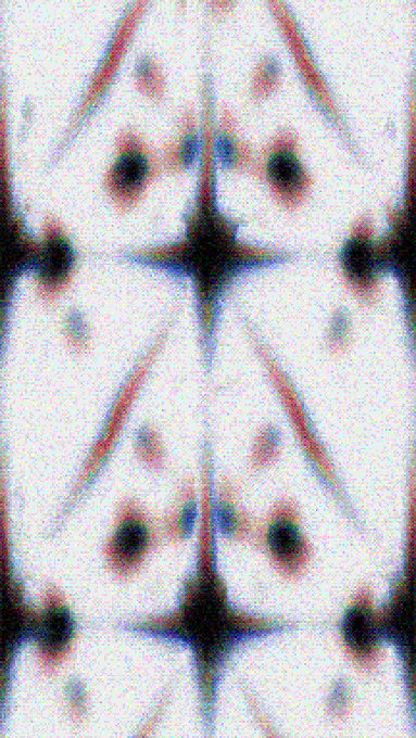 An abstract symmetrical image with star-like shapes and blurred, glitchy patterns in black, white, blue, and red, with a grainy texture.