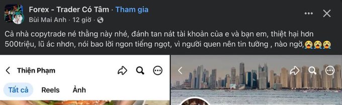 A Facebook post titled "Forex - Trader Cổ Tầm" by Bùi Mai Anh warning about a "copytrade" scam that cost over 500 million VND, accusing someone named Thiên Phạm.