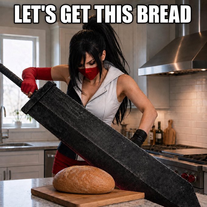 The image shows a woman in a kitchen wielding an oversized sword to slice a loaf of bread, with the text "LET'S GET THIS BREAD" displayed across the top. This is a popular internet meme combining the phrase "let's get this bread" (slang for earning money) with a literal visual pun, fitting the post's message about staying busy and making the most of the day, likely referencing $HBAR as a financial opportunity to "earn some bread."