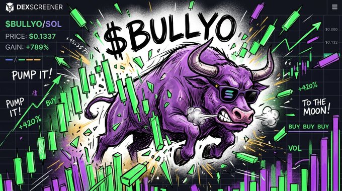 A DexScreener chart for $BULLYO/SOL token showing a price of $0.1337 with a +789% gain, featuring a purple bull illustration and text like 'PUMP IT!', 'BUY BUY BUY', and 'TO THE MOON!'.